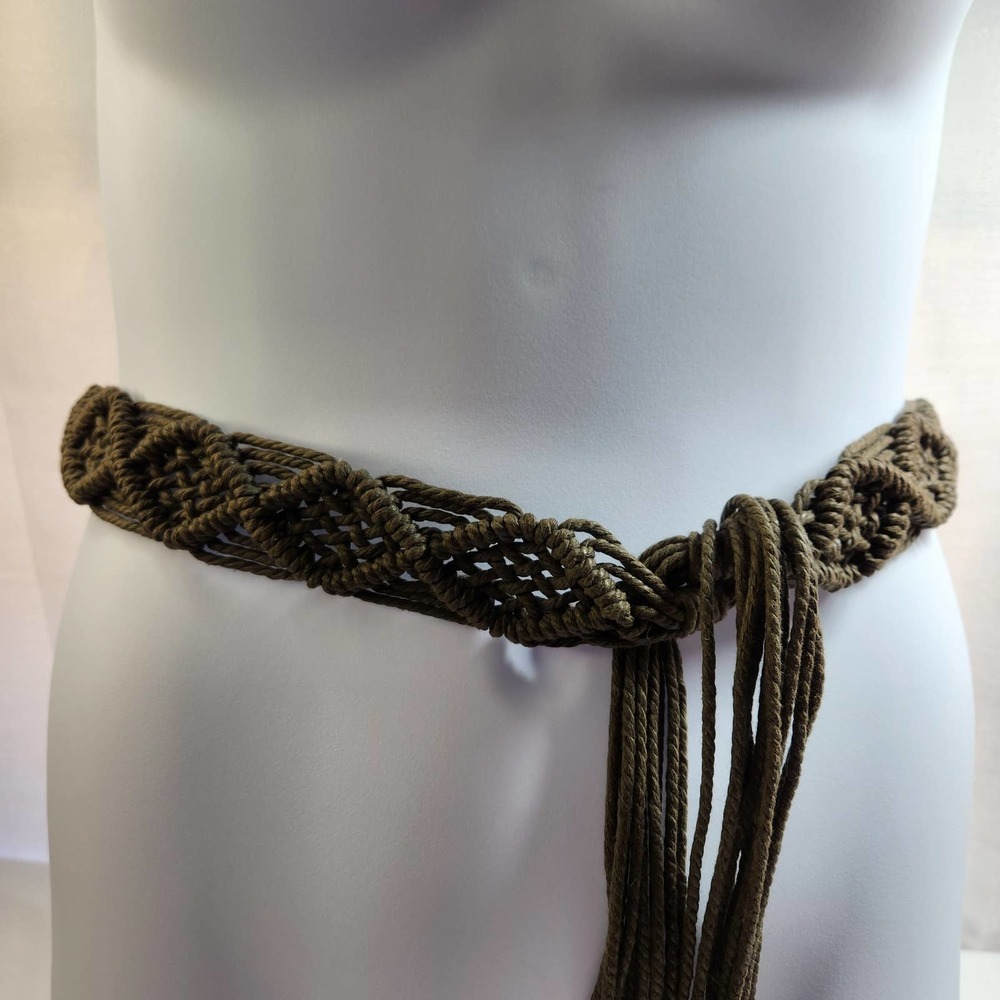 Vintage Macrame Tie Belt Boho Crochet Gray Brown BOHO
